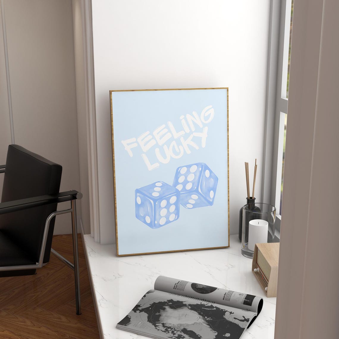 Feeling Lucky Blue Dice Retro Light Blue Casino Style Poster