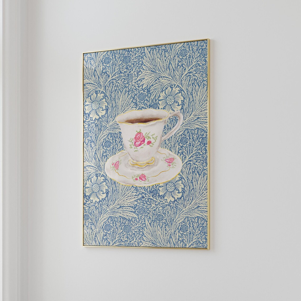 Vintage Teacup Rose Floral Blue Morris Style Botanical Kitchen Poster - Image 3