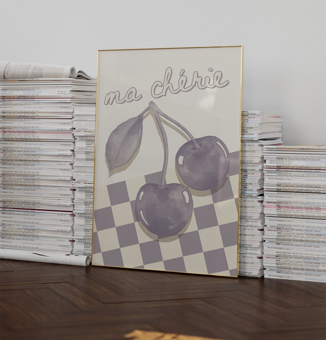 Ma Cherie Cherry Checkerboard Coquette Aesthetic French Art Poster - Image 2