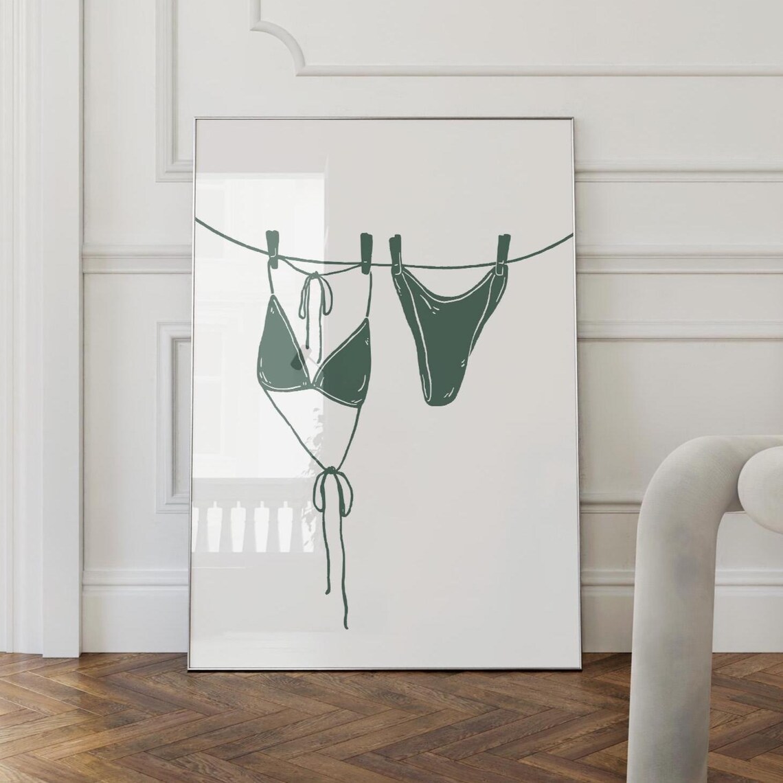Green Bikini Swimsuit on Clothesline Minimalist Beach Line Art Poster