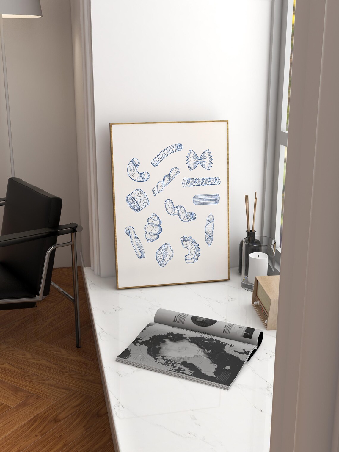 Blue Pasta Shapes Line Art Sketch Italian Kitchen Foodie Poster - Image 4