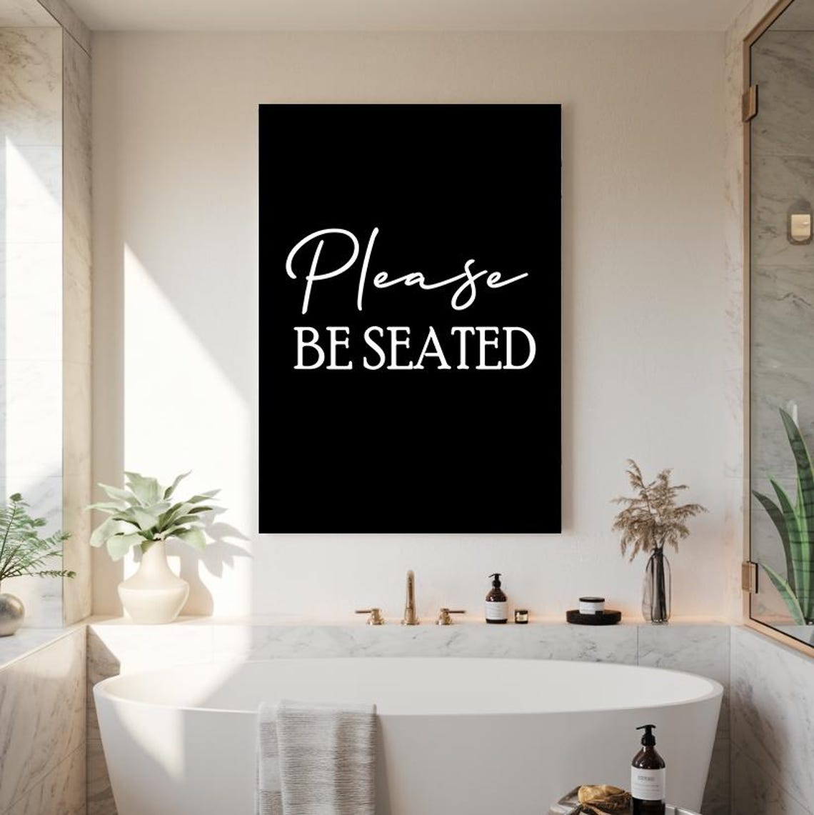 Please Be Seated White On Black Bathroom Script Quote Poster - Image 2