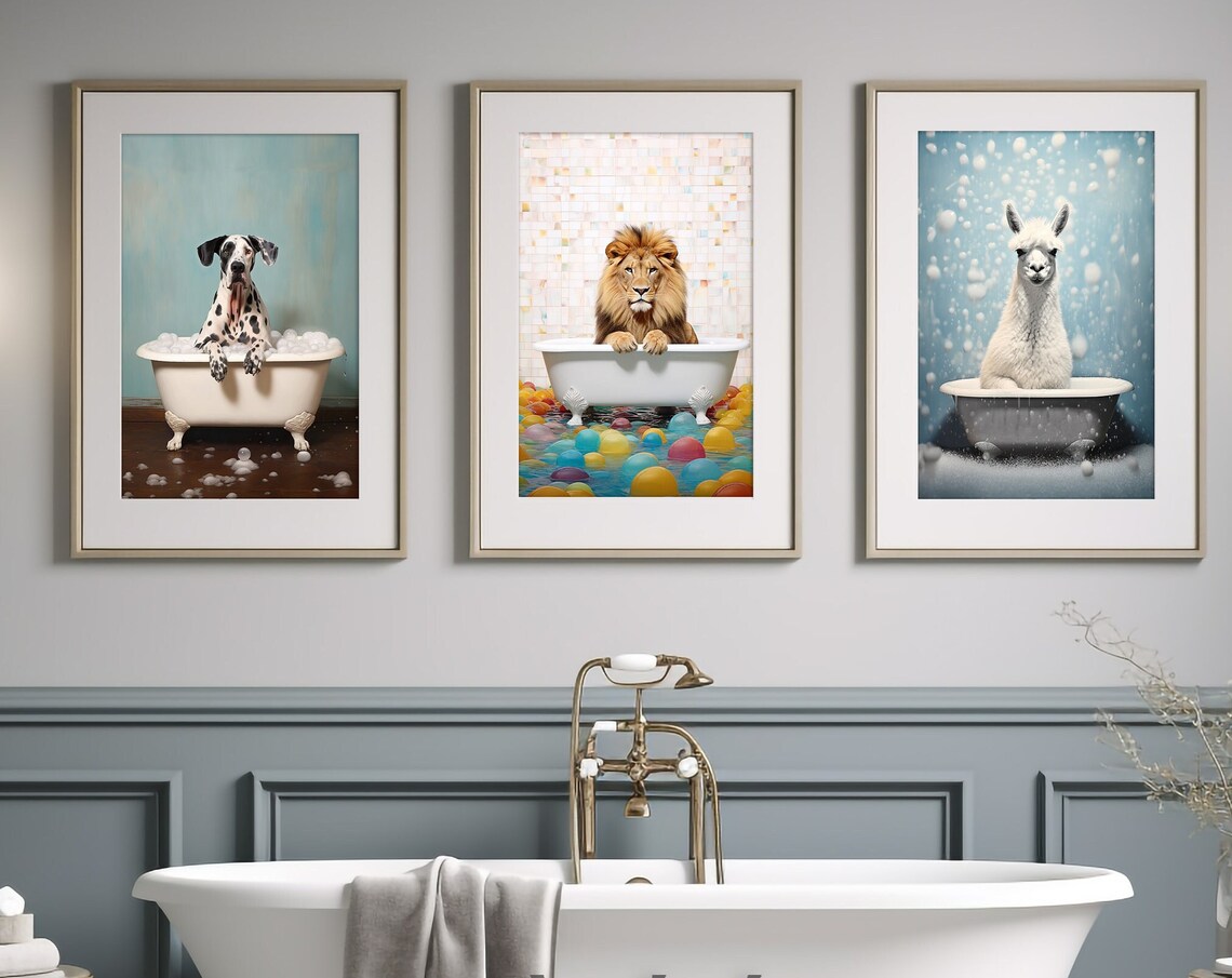 Set of 3 Dalmatian Lion Llama Bathtub Funny Bathroom Wall Art
