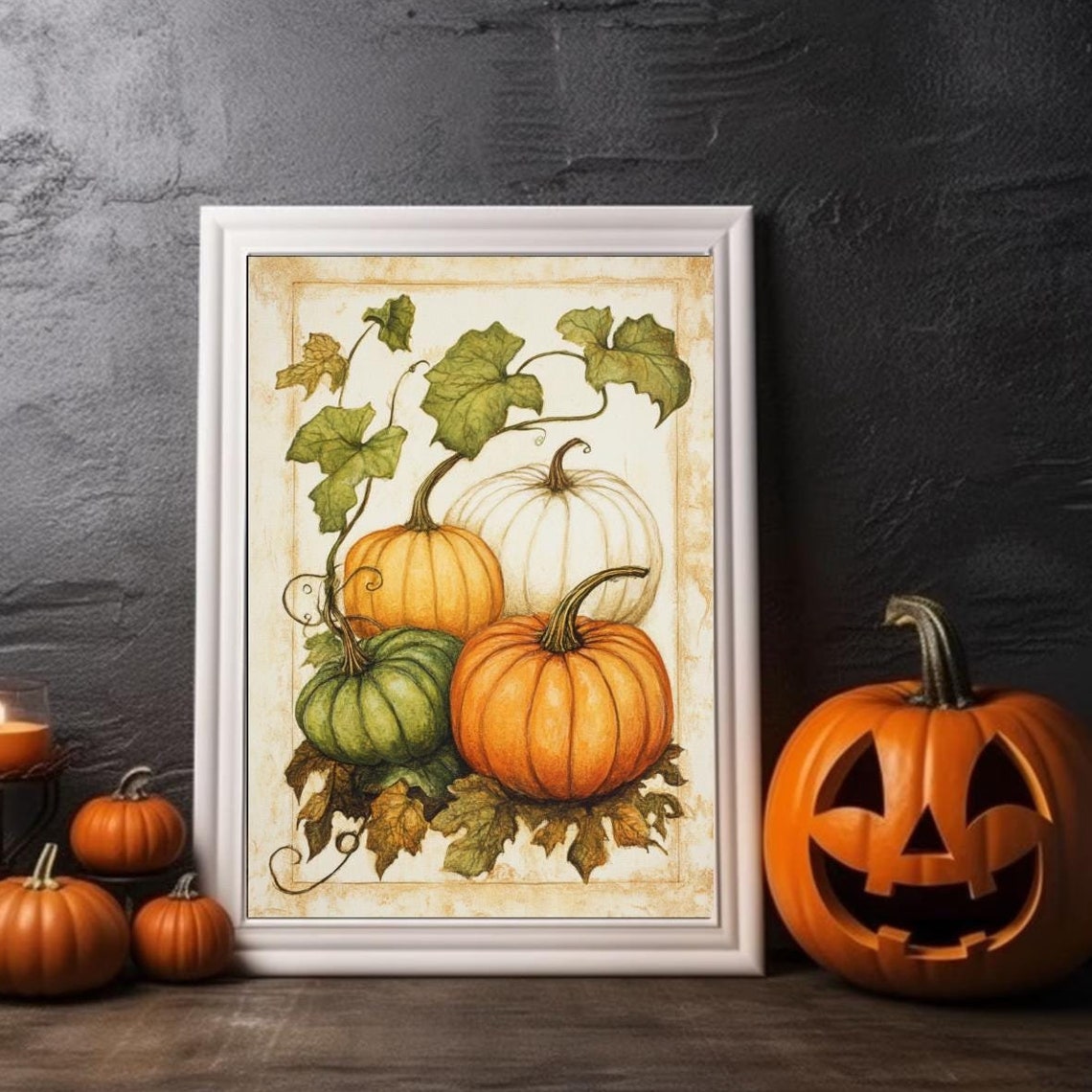 Pumpkin Harvest Botanical Illustration Autumn Gourds Art Poster