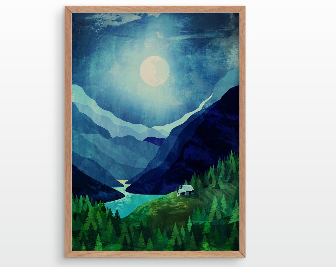 Moonlight Shadow Mountain Landscape Art Print