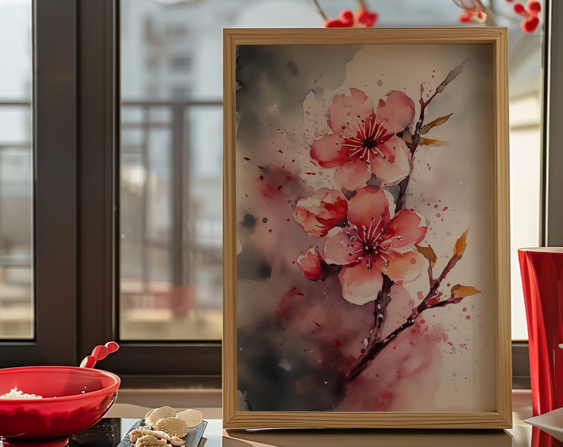 Coral Cherry Blossom Branch Watercolor Moody Dark Floral Poster - Image 5