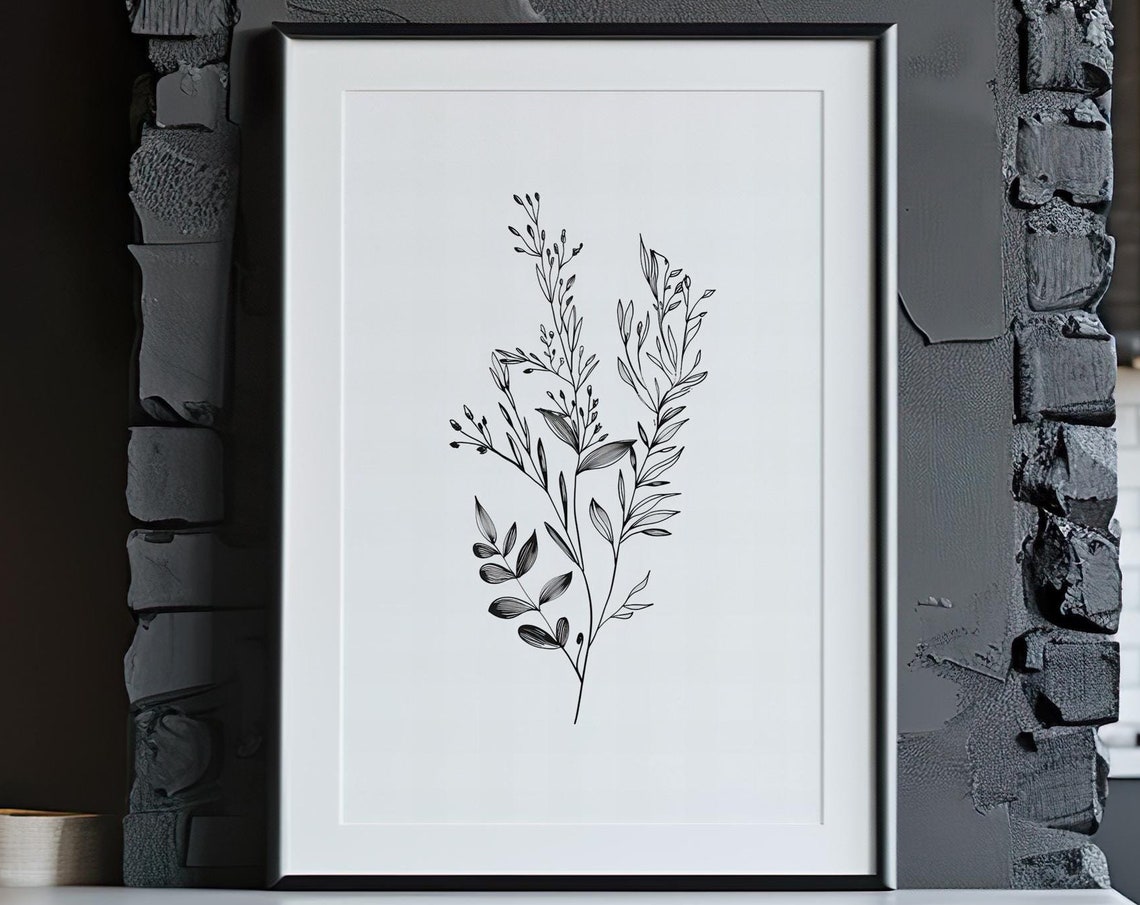 Minimalist Botanical Line Art Black White Sprig Drawing Poster - Image 5