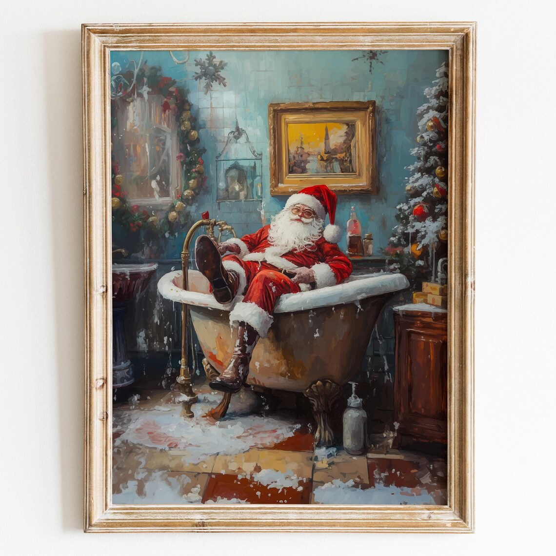 Santa Relaxing Clawfoot Bathtub Victorian Bathroom Funny Poster