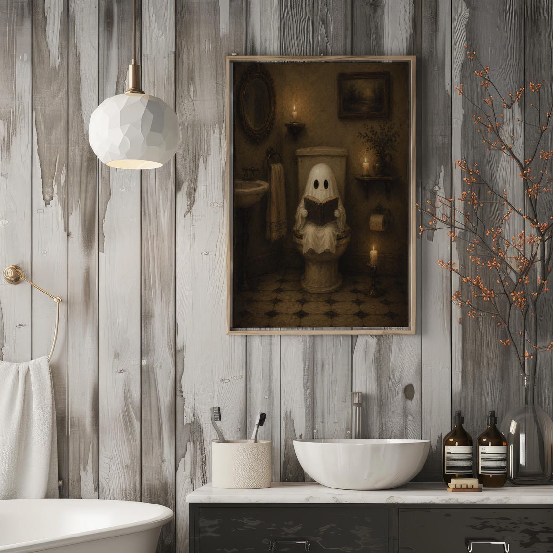 Ghost On Toilet Wall Art Funny Bathroom Decor Vintage Halloween Print Cute Spooky Above Artwork - Image 4
