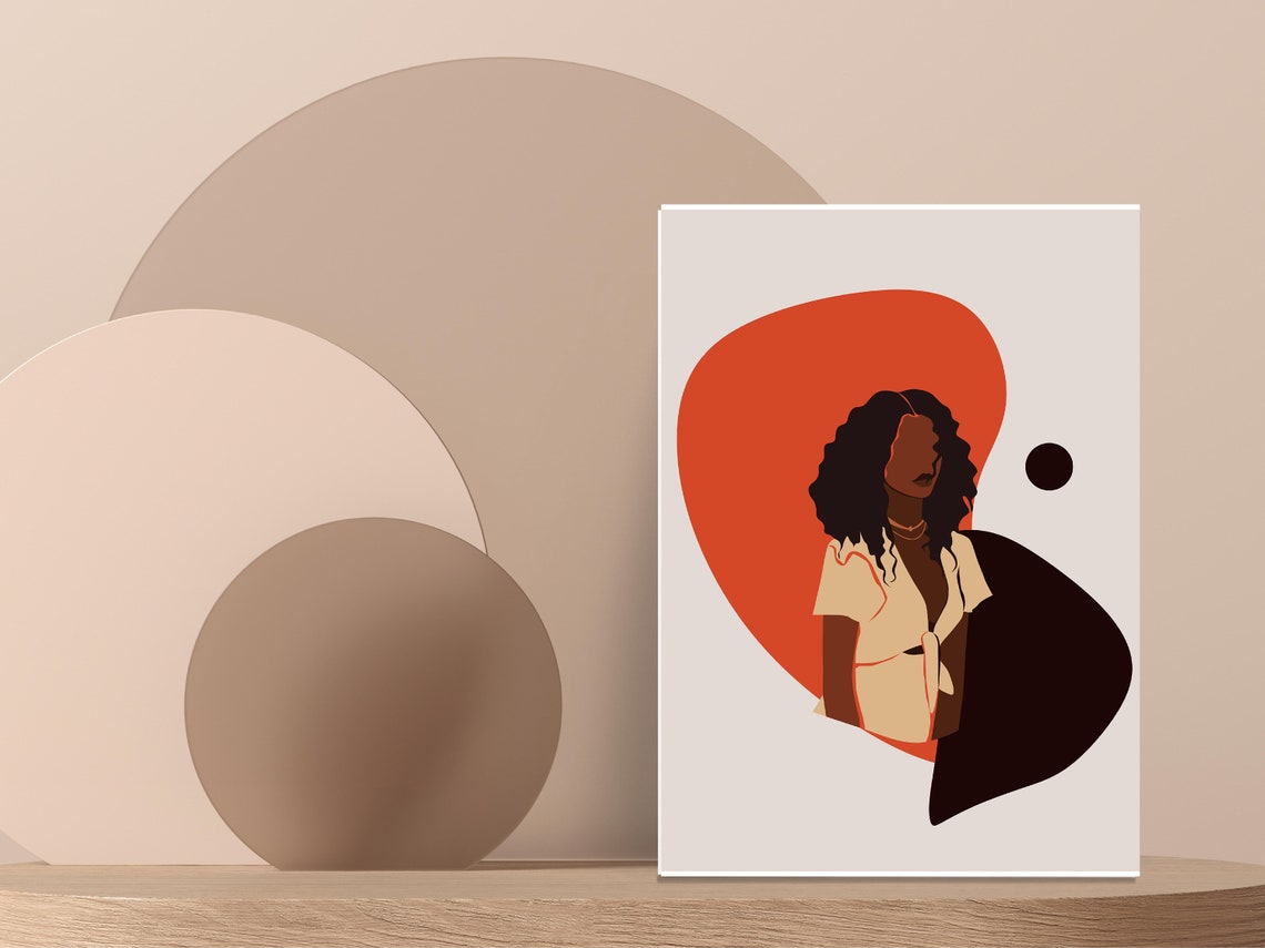Curly Hair Woman Burnt Orange Boho Abstract Modern Art Poster - Image 2