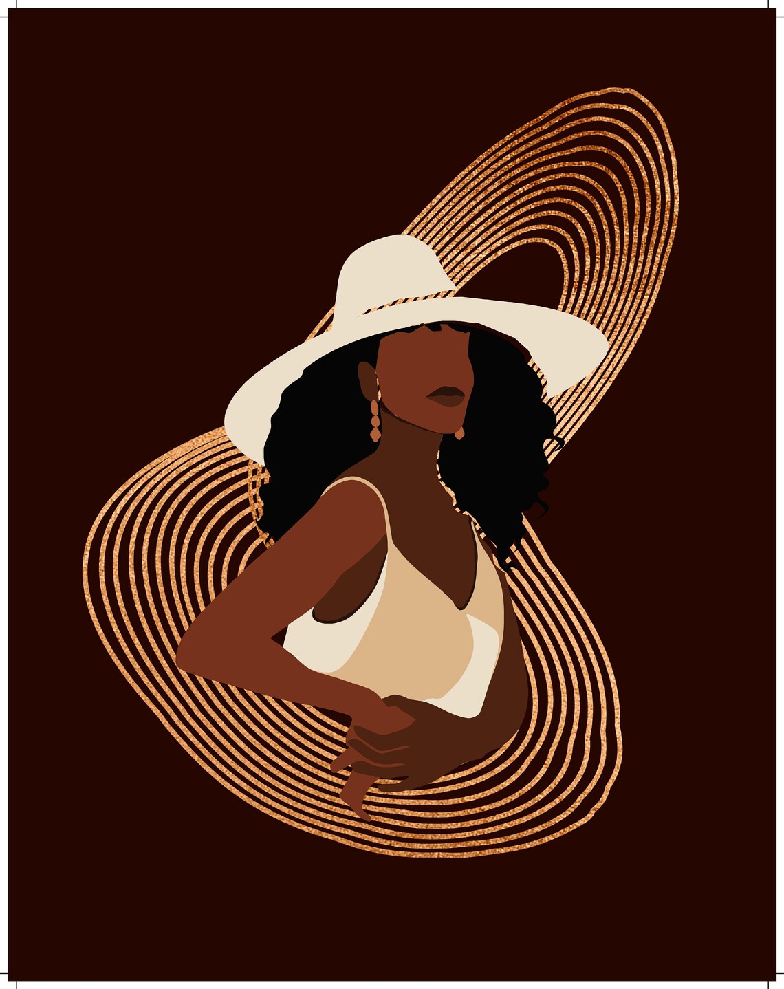 Elegant Woman Sun Hat Swimsuit Gold Swirls Dark Brown Art Poster - Image 4