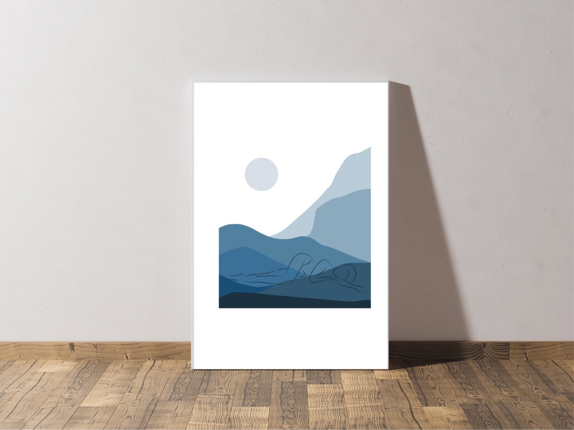 Reclining Woman Line Art Blue Mountains Moon Minimalist Boho Poster - Image 3