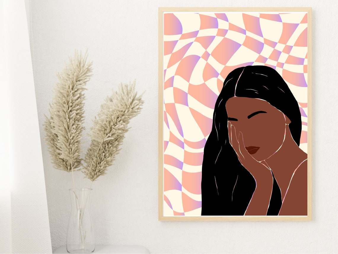 Woman Portrait Hand on Cheek Retro Pink Checkerboard Art Poster - Image 4
