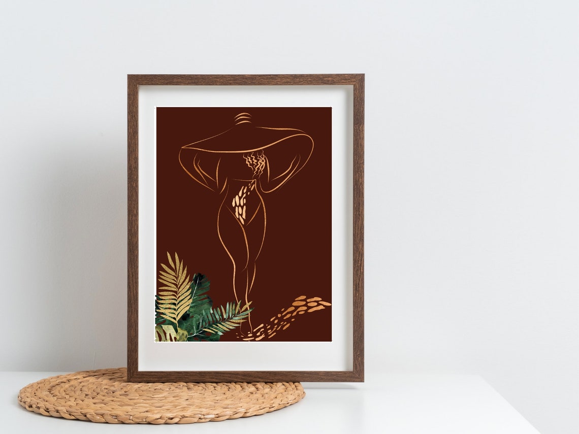 Gold Line Art Woman Wide Hat Tropical Leaves Chic Boho Art Print