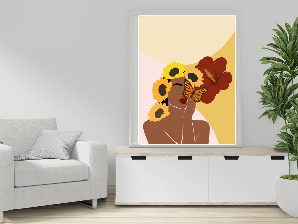 Flower Child Woman Sunflowers Butterfly Warm Yellow Art Poster - Image 4