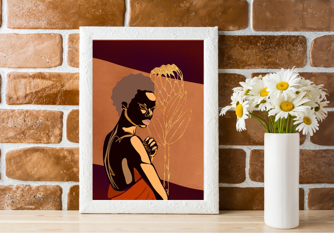 Black Woman Golden Protea Glitter Flower Terracotta Art Poster - Image 3