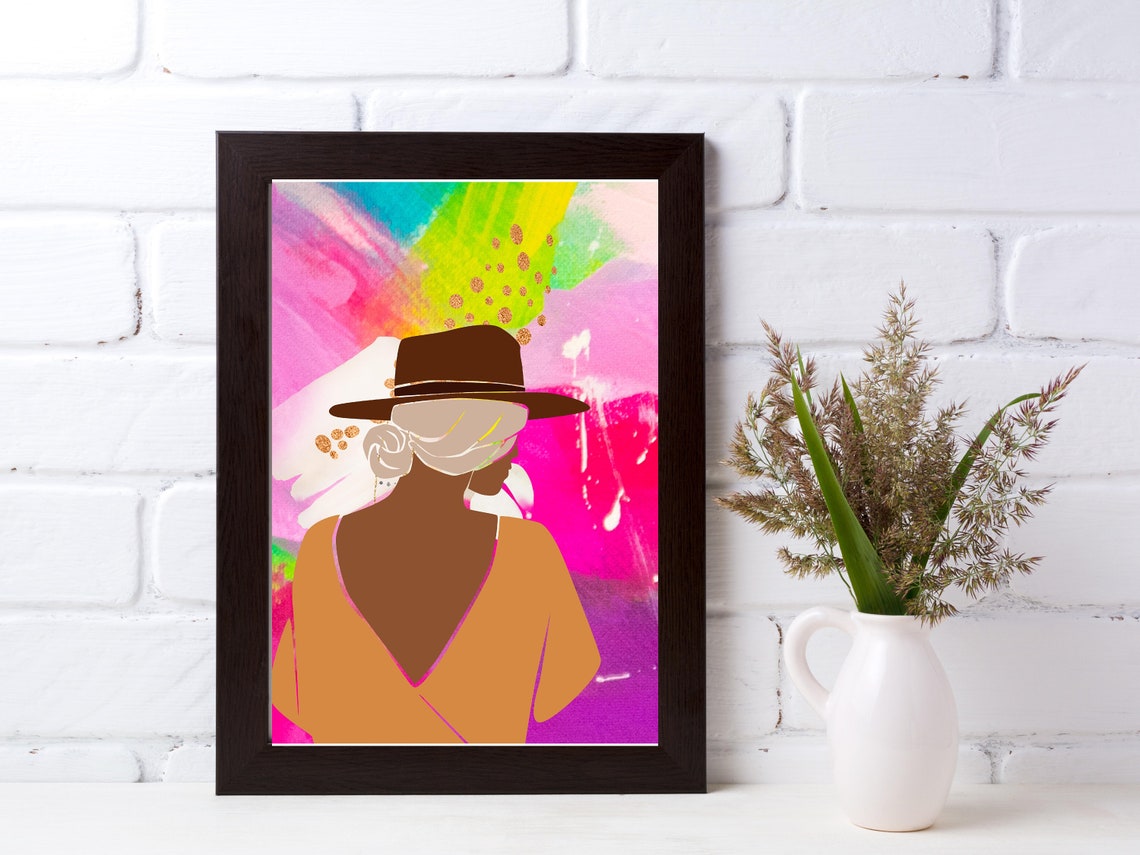 Abstract Woman Fedora Hat Bold Neon Pop Colorful Portrait Print