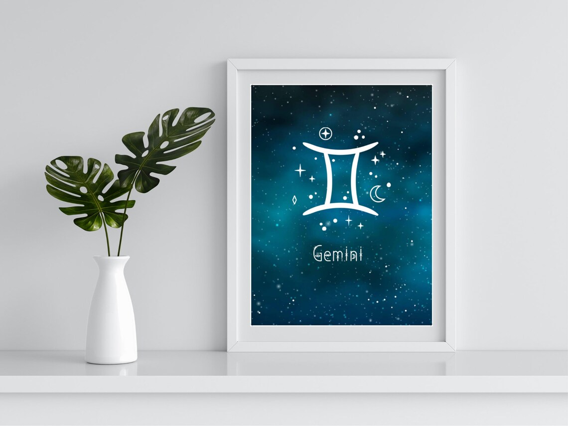 Gemini Zodiac Symbol Teal Starry Night Sky Astrology Art Print - Image 4