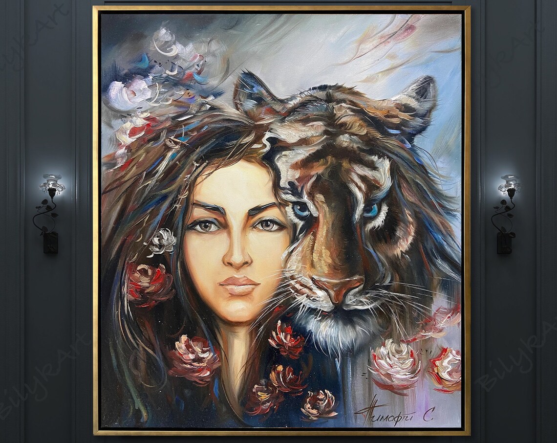 Woman And Tiger Face Portrait Floral Wild Animal Painting Print - Image 3