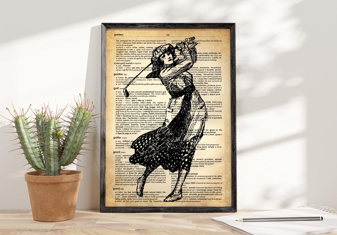 Vintage Woman Golfer Mid-Swing Antique Dictionary Art Poster