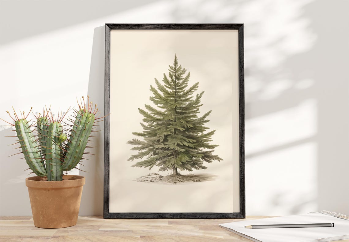 Classic Pine Tree Botanical Illustration Neutral Winter Art Print - Image 4