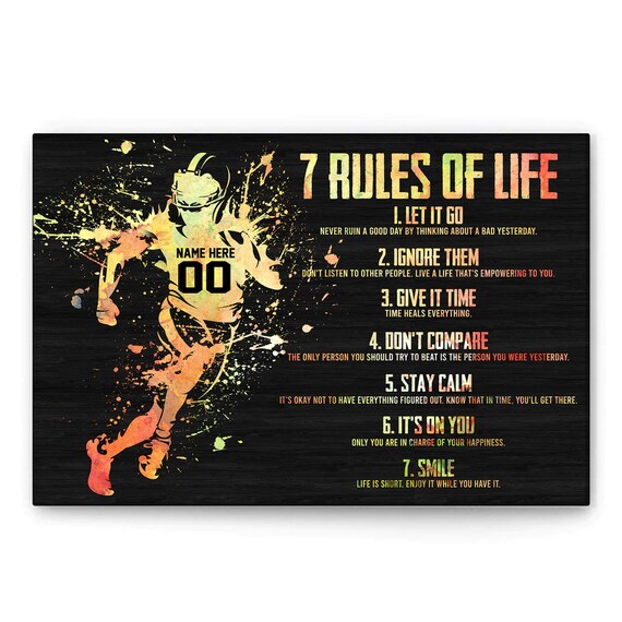 7 Rules of Life Watercolor Football Player Personalized Number Poster