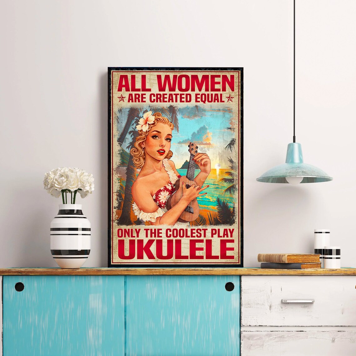Retro Pin-Up Girl Playing Ukulele On A Tropical Beach Poster - Image 3