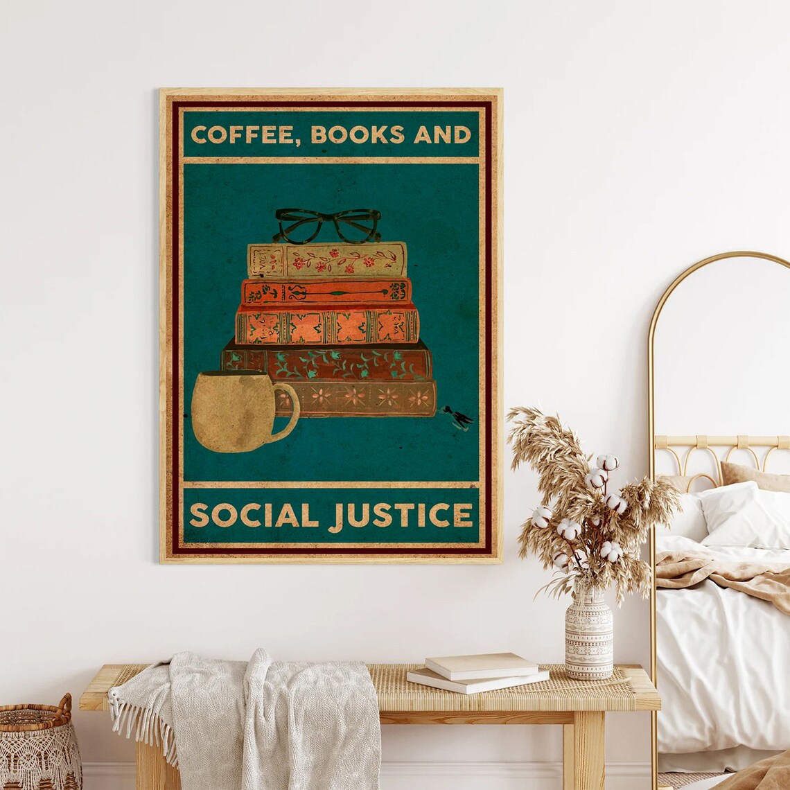 Coffee Books And Social Justice Vintage Teal Book Lover Poster - Image 4