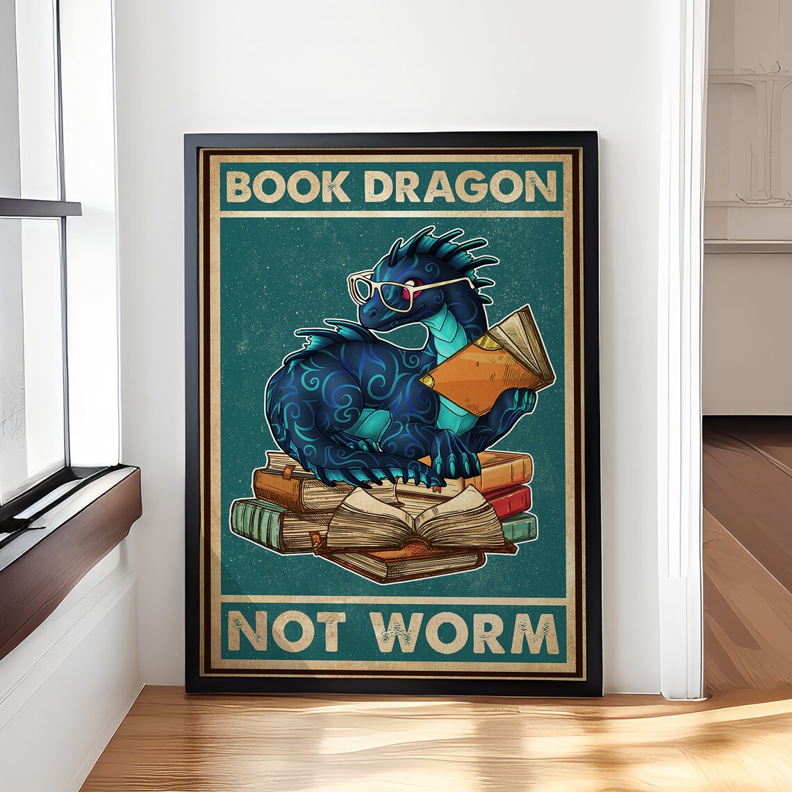 Book Dragon Not Worm Funny Poster Dragons Poster Retro Library Cafe Living Room Kitchen Bathroom Home Decor