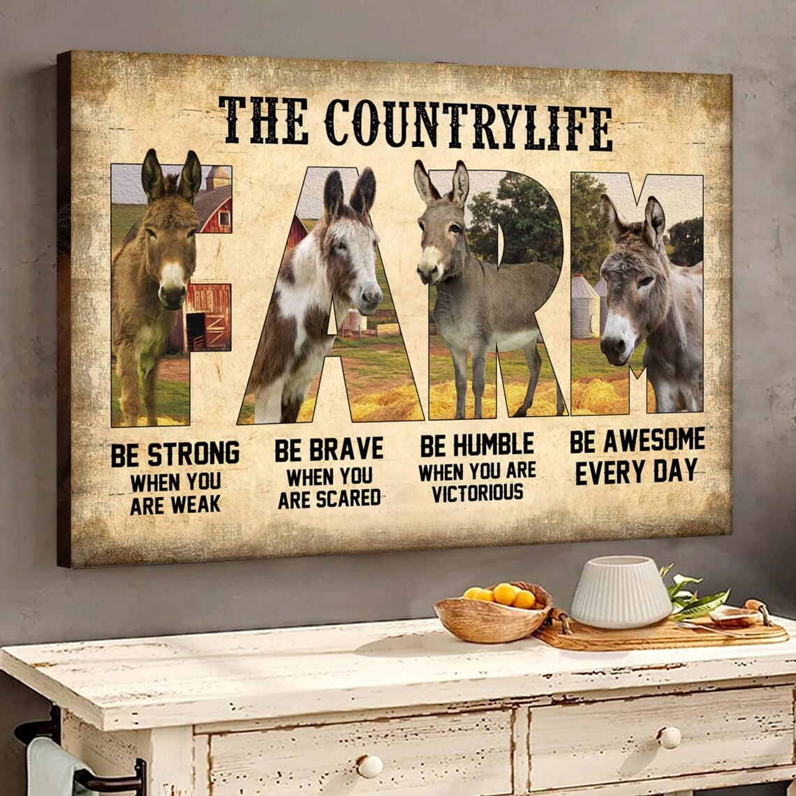 Rustic Country Life Farm Donkey Photo Block Letters Wall Poster