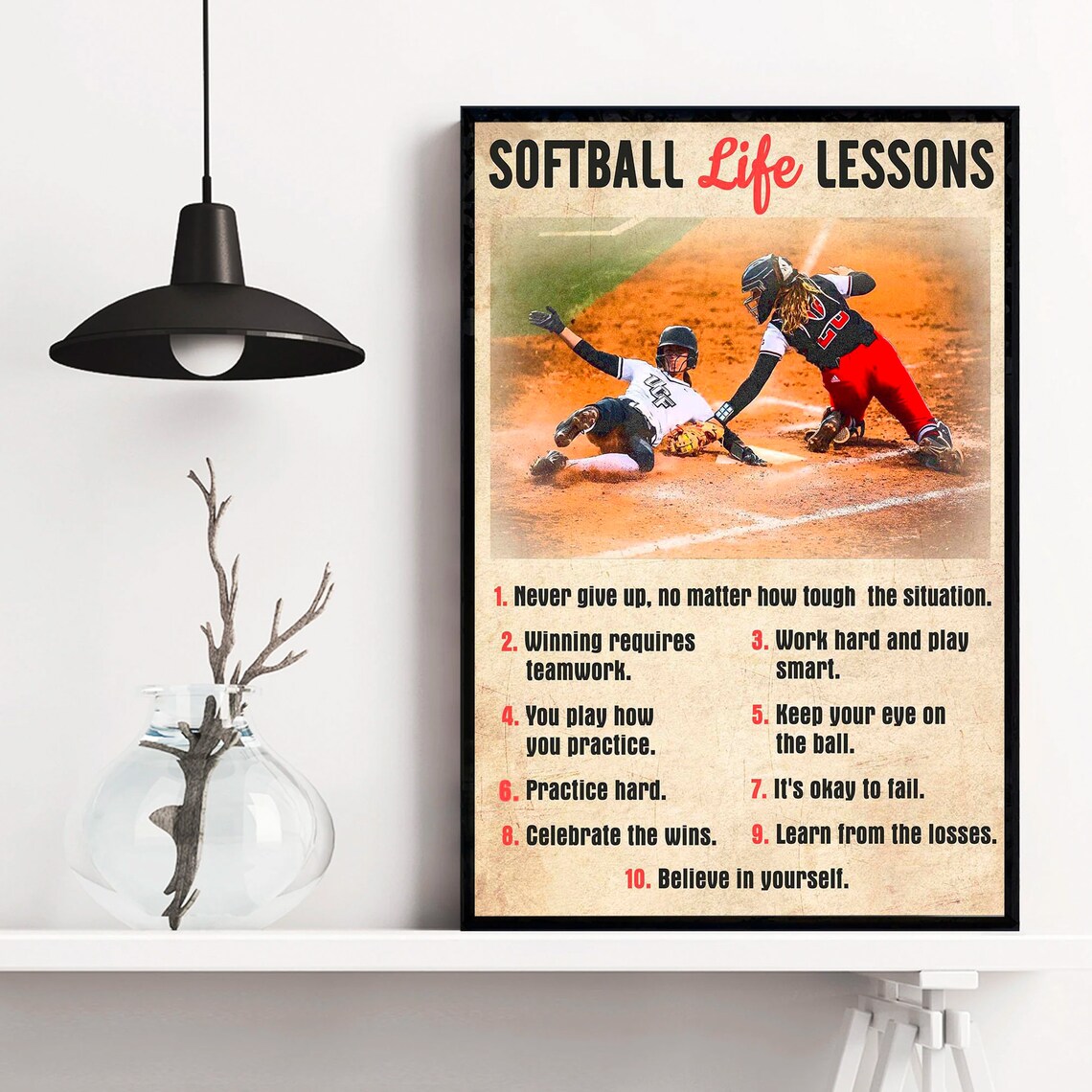 Softball Life Lessons Vintage Action Slide Ten Lessons Sports Poster - Image 4