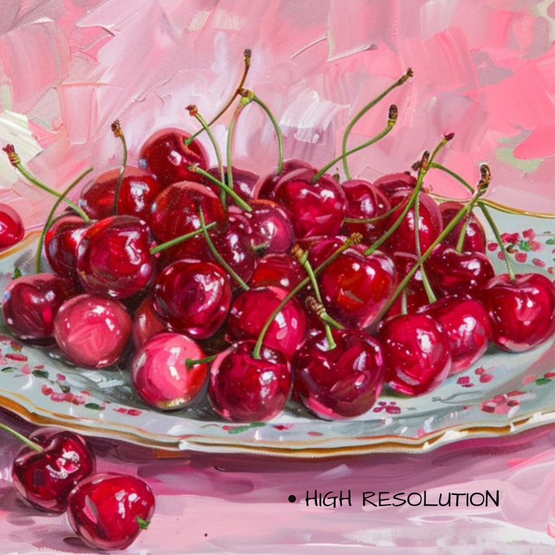 Red Cherries Still Life Porcelain Plate Pink Kitchen Art Poster - Image 3