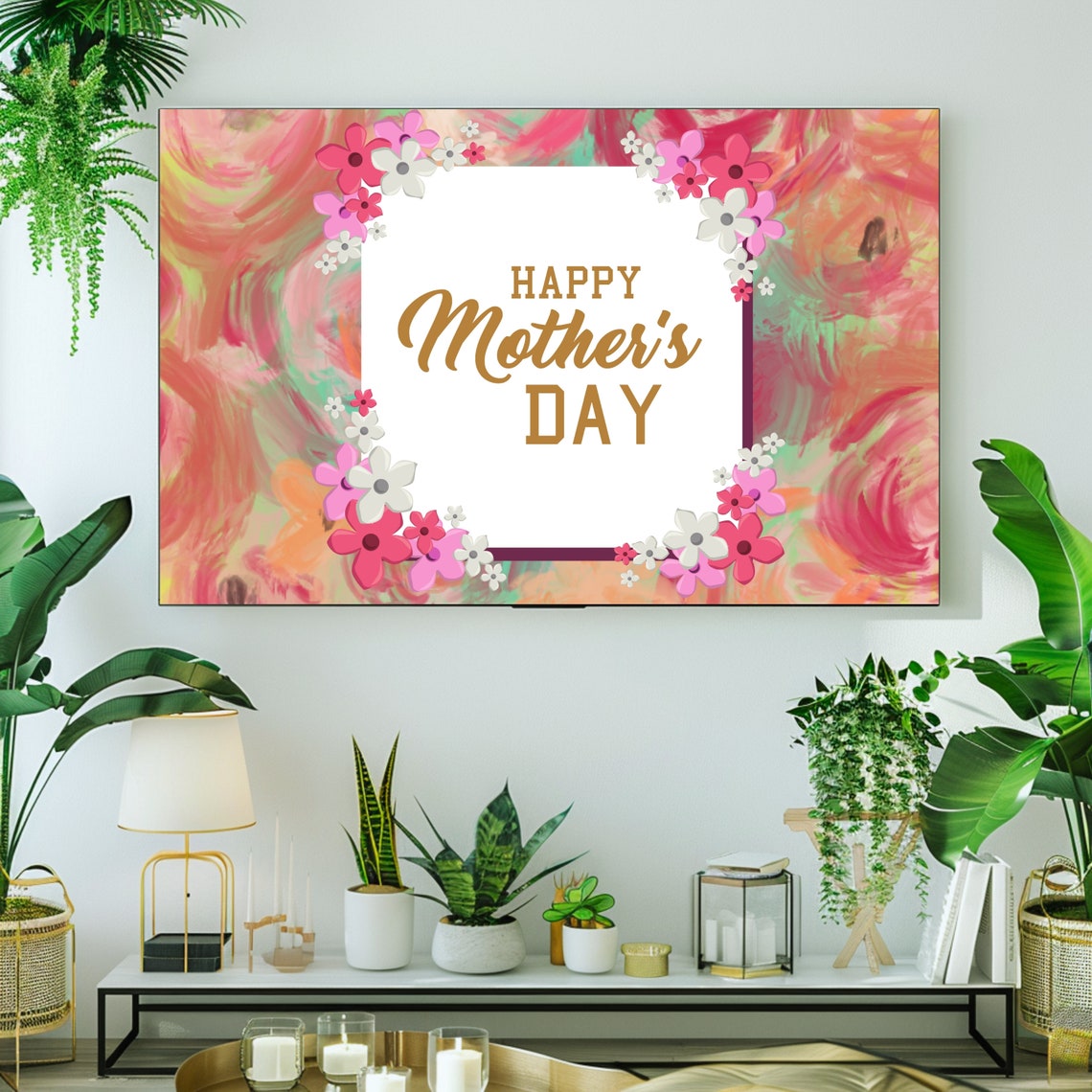 Happy Mothers Day Gold Script Pink Floral Card Style Frame TV Wall Art - Image 2