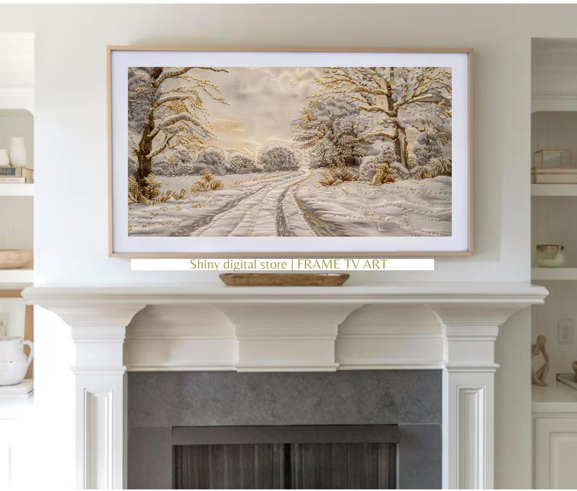 White Gold Embroidered Winter Snow Landscape Textured Art Poster - Image 3