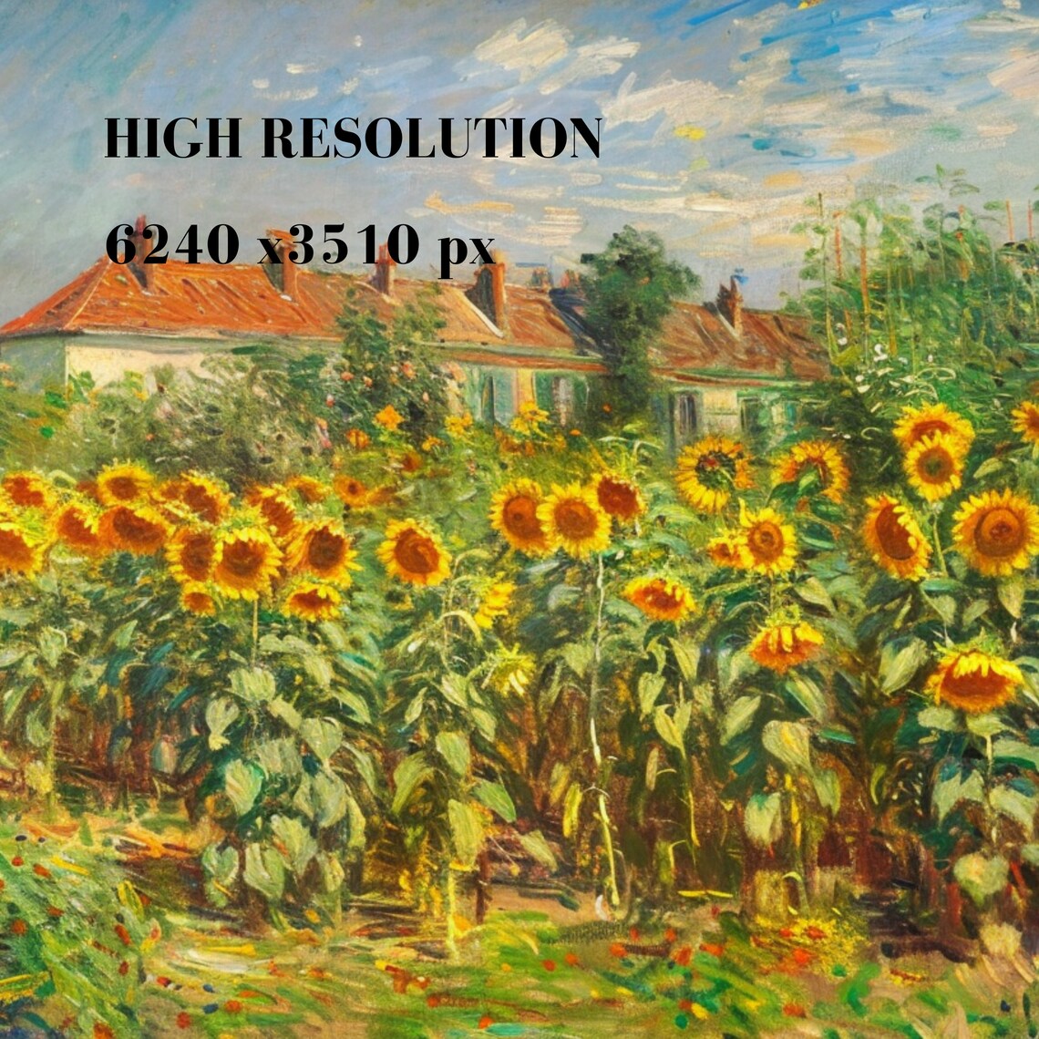 Sunflower Field Impressionist Painting Country Houses Summer Bloom Art Poster - Image 3