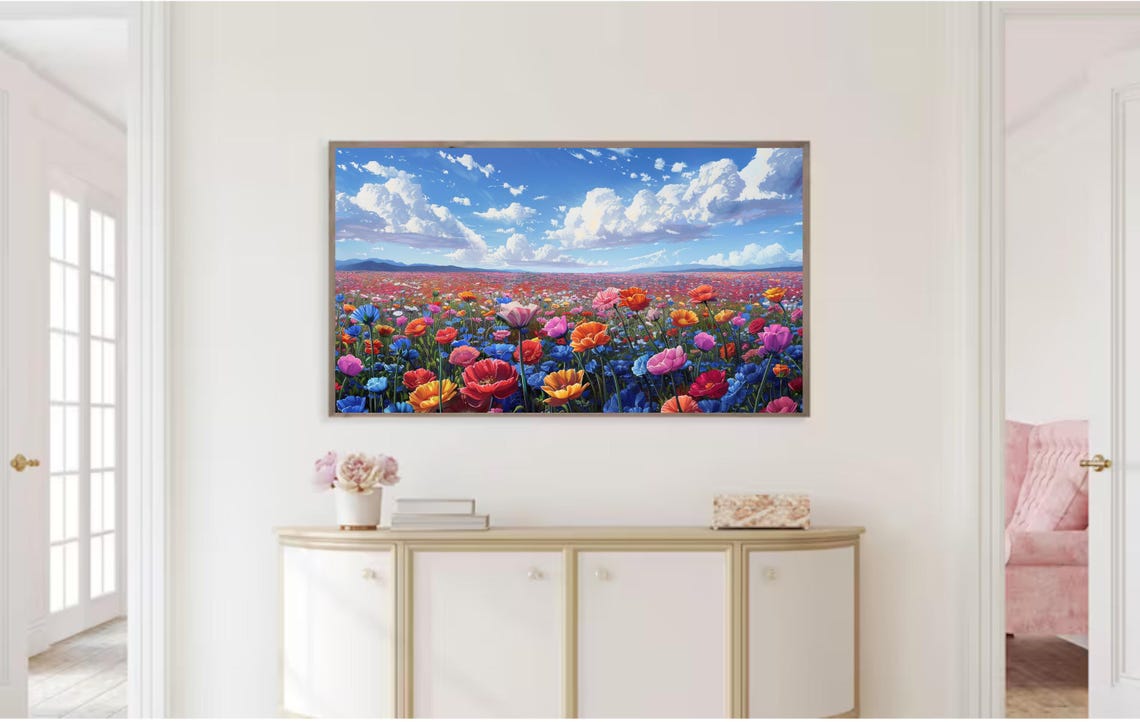 Frame Tv Art Summer Wildflower Field Painting Vintage Spring Field Of Flowers Tv Art Warm Tone Cottagecore Tv Art - Image 2