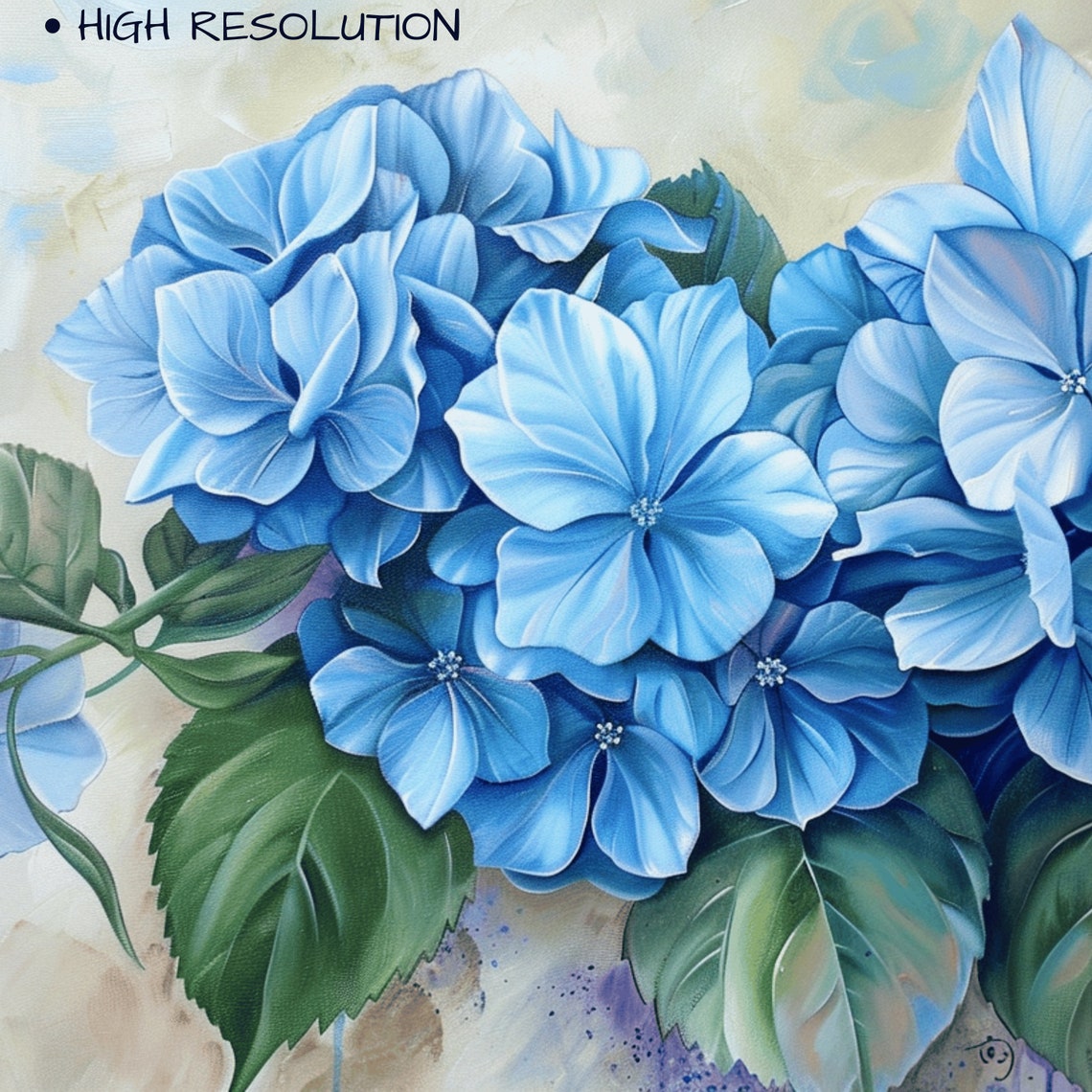 Blue Hydrangea Bouquet Green Leaves Light Blue Floral Painting Print - Image 3