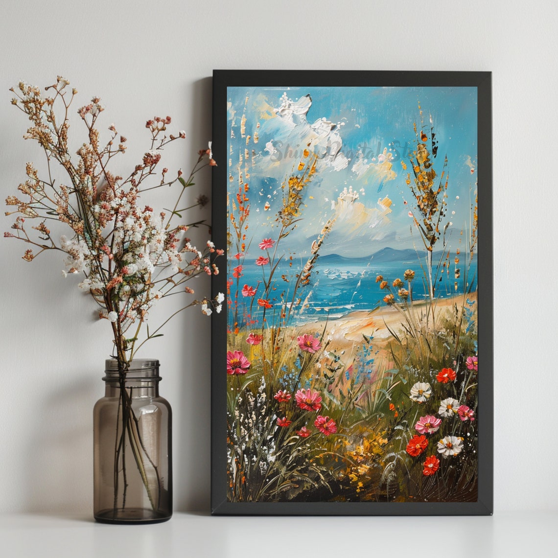 Coastal Wildflowers Blue Sea Mountain View Summer Landscape Poster - Image 2