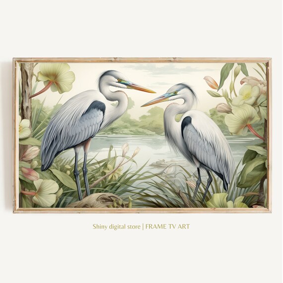 Great Blue Heron Pair Tropical Watercolor Bird Wildlife Wall Art