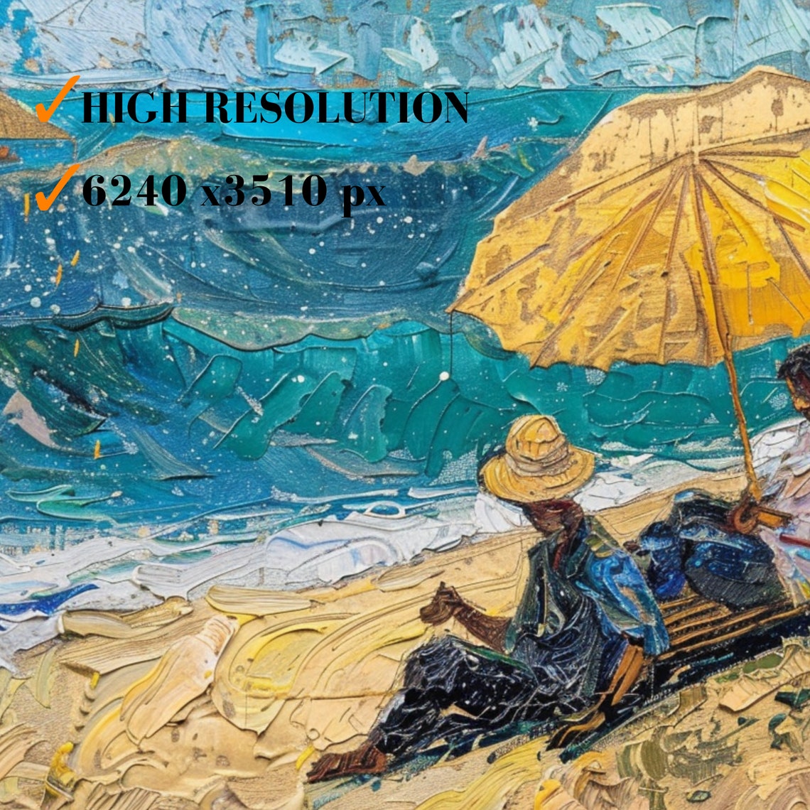 Beach Day Under Yellow Umbrella Sailboat Ocean Waves Painting Poster - Image 3