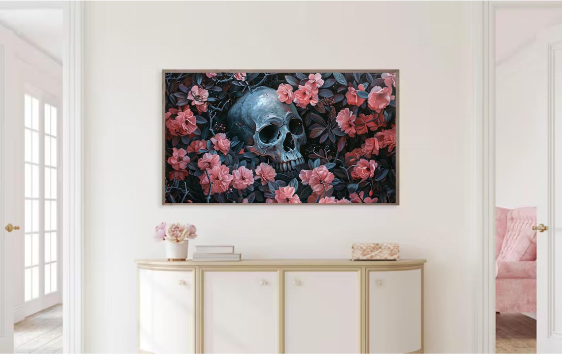 Skull Among Pink Blossoms Dark Botanical Halloween Gothic Art Poster - Image 2