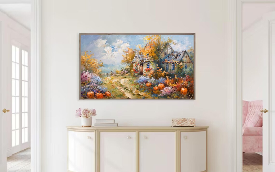 Autumn Stone Cottage Painting Cozy Fall Garden Pumpkins Country Art Poster - Image 2