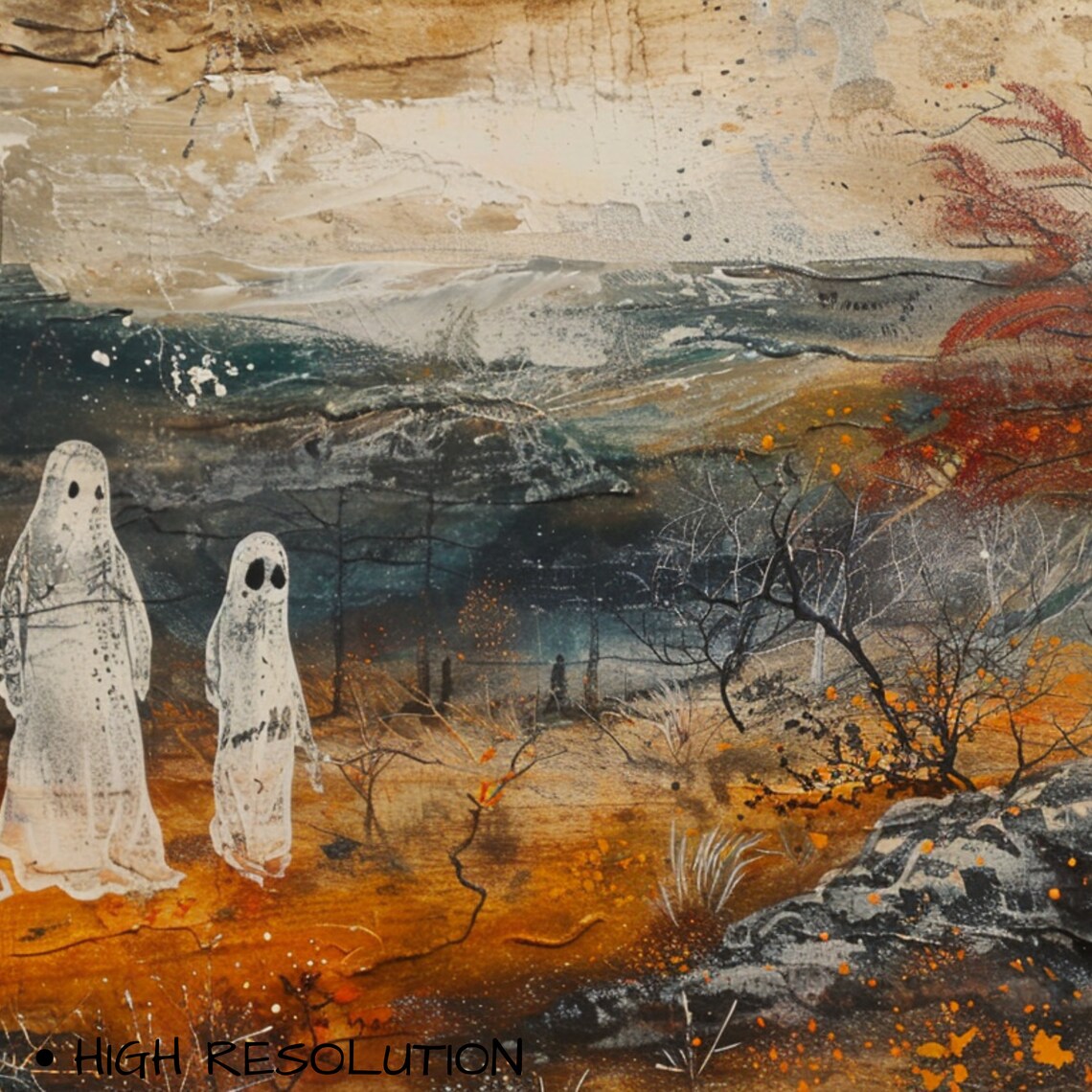 Three Ghosts Autumn Woods Fall Landscape Spooky Halloween Painting Poster - Image 3
