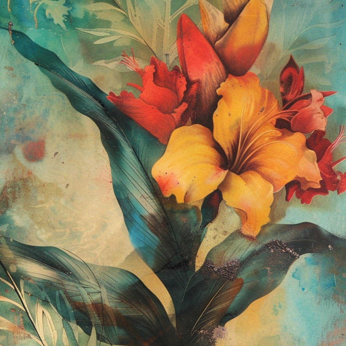 Golden Gladiola Blooms Teal Distressed Vintage Botanical Art Poster - Image 3