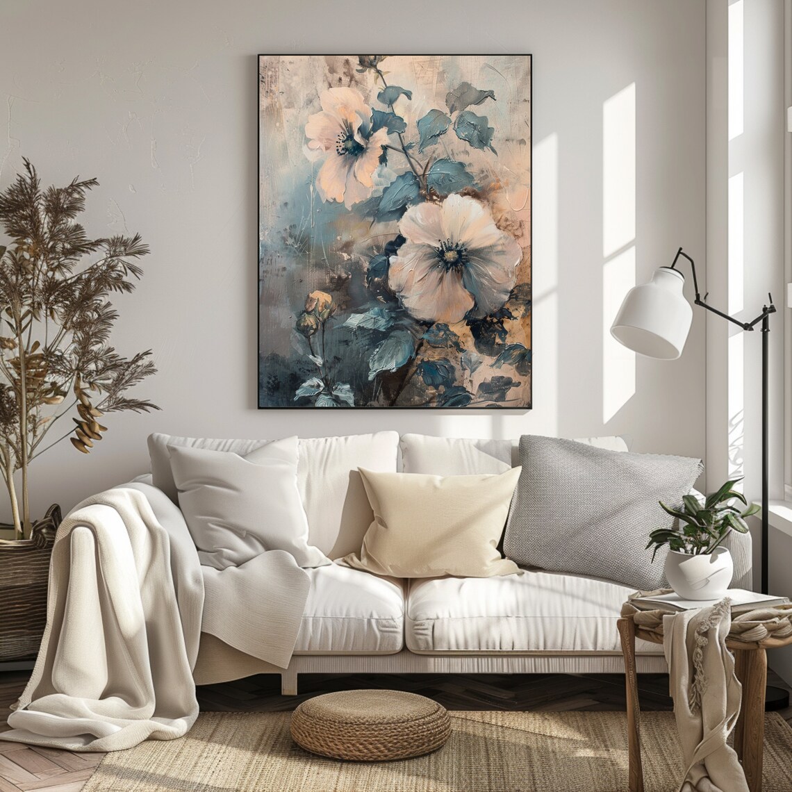 White Hollyhock Blooms Muted Blue Vintage Floral Painting Wall Poster - Image 2