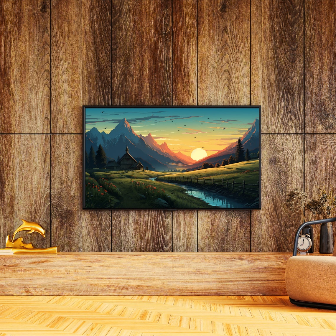 Alpine Church Sunset Stream Wildflower Mountain Village Art Poster - Image 3