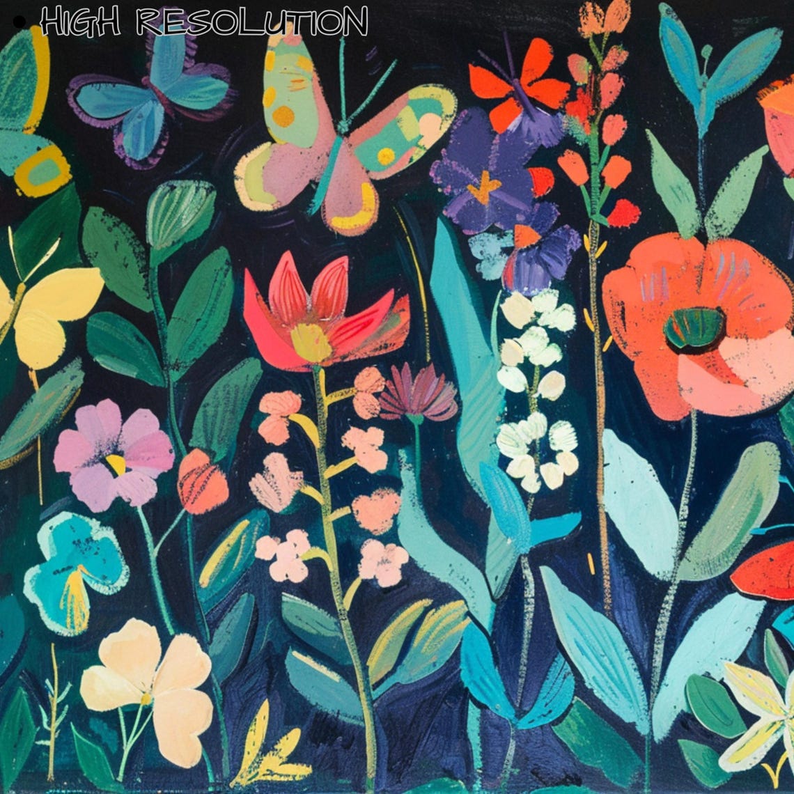 Colorful Butterfly Wildflower Meadow Folk Art Dark Botanical Poster - Image 3