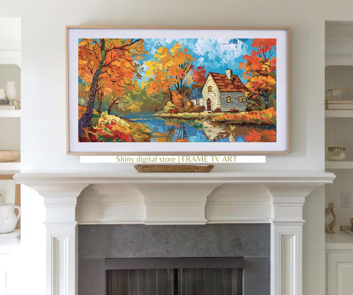 Autumn Farmhouse Pond Reflection Orange Trees Country Landscape Poster - Image 3