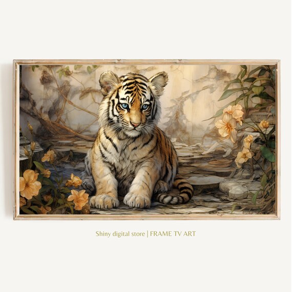 Tiger Cub Blue Eyes Golden Flowers Exotic Wildlife Animal Poster