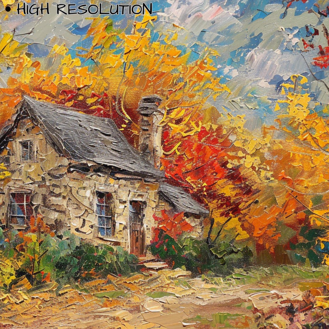 Stone Cottage in Fiery Autumn Forest Impressionist Landscape Wall Art - Image 3